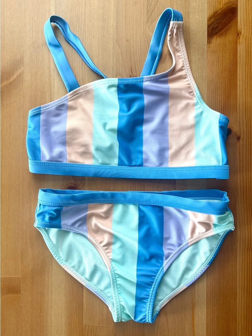 Girls Striped Two-Piece Swim Bikini in Blue and Peach